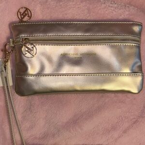 NWT Adrienne Vittadini Studio Shimmering Silver Patent Wristlet Two Zip Pockets